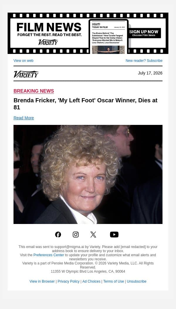 Brenda Fricker, 'My Left Foot' Oscar Winner, Dies at 81 email from Variety screenshot