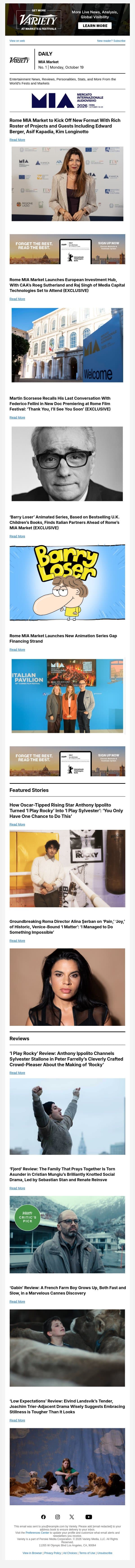 MIA's New Format; Investment Hub Launched; Scorsese's Fellini Doc email from Variety screenshot