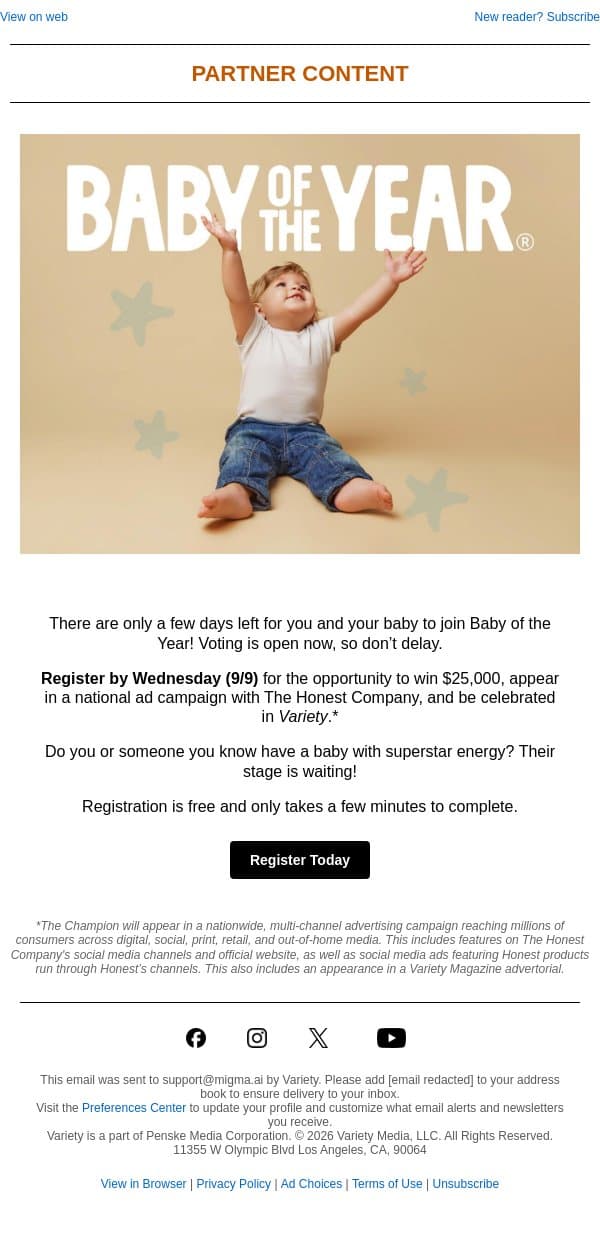 Last opportunity for your baby to take home 25k! email from Variety screenshot