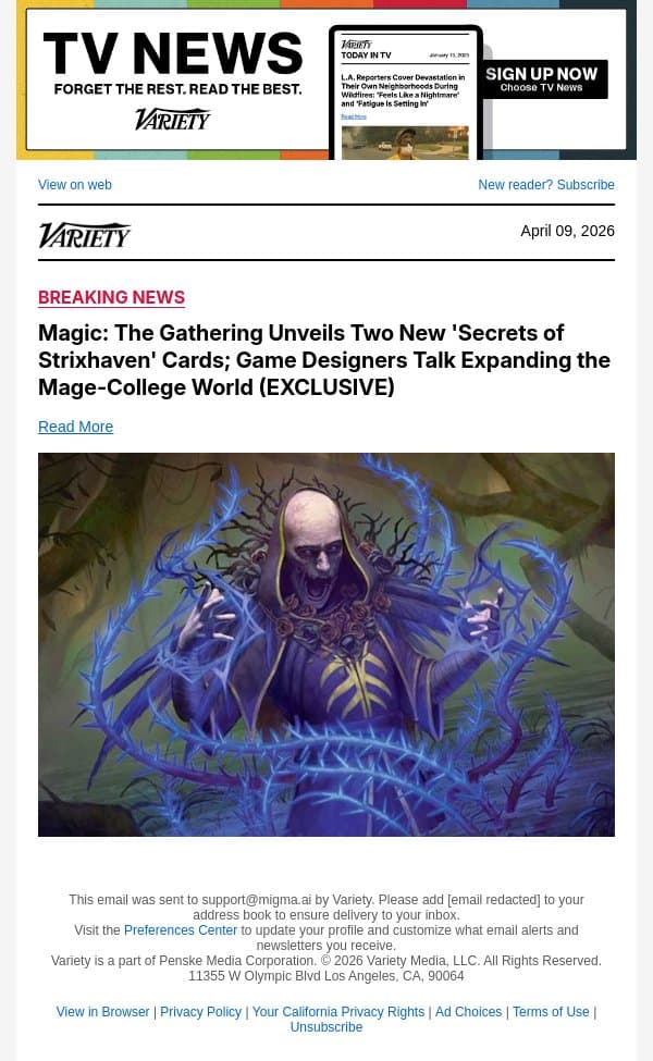 Magic: The Gathering Unveils Two New 'Secrets of Strixhaven' Cards; Game Designers Talk Expanding the Mage-College World (EXCLUSIVE) email from Variety screenshot