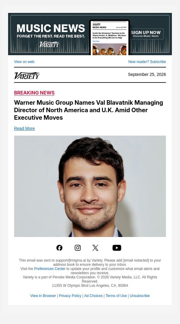 Warner Music Group Names Val Blavatnik Managing Director of North America and U.K. Amid Other Executive Moves email from Variety screenshot