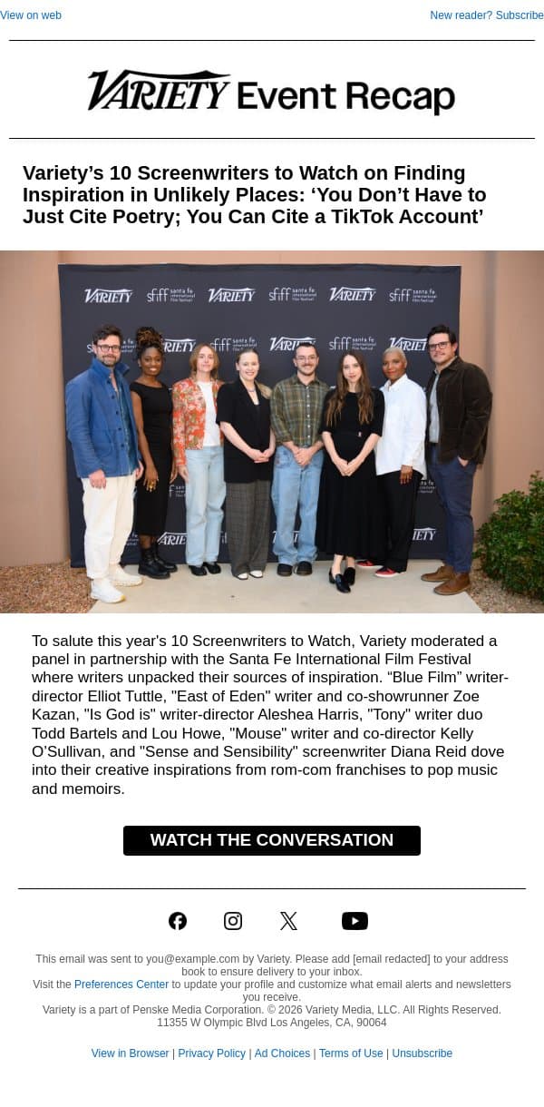 Watch the Conversation – Variety’s 10 Screenwriters to Watch on Finding Inspiration in Unlikely Places email from Variety screenshot