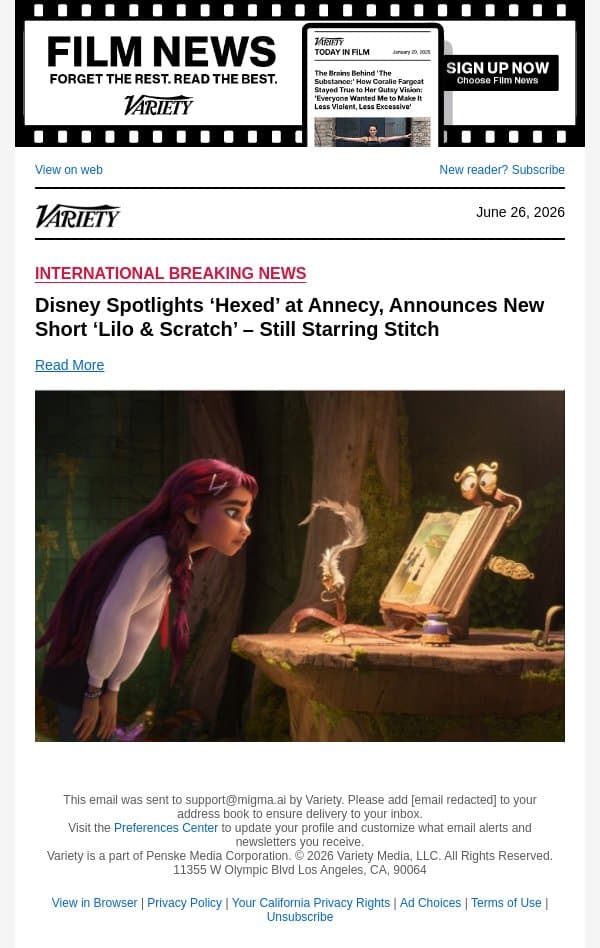 Disney Spotlights ‘Hexed’ at Annecy, Announces New Short ‘Lilo and Scratch’ – Still Starring Stitch email from Variety screenshot