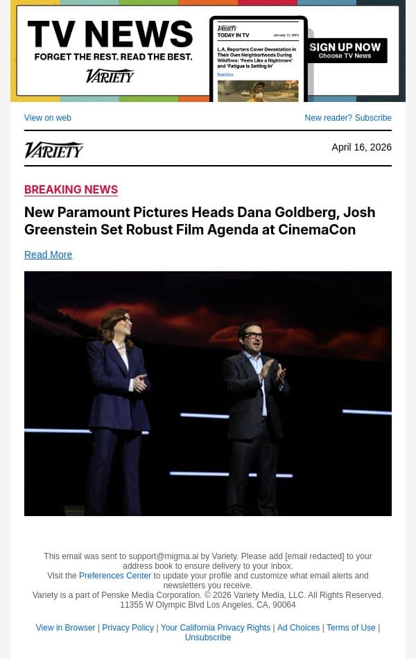 New Paramount Pictures Heads Dana Goldberg, Josh Greenstein Set Robust Film Agenda at CinemaCon email from Variety screenshot