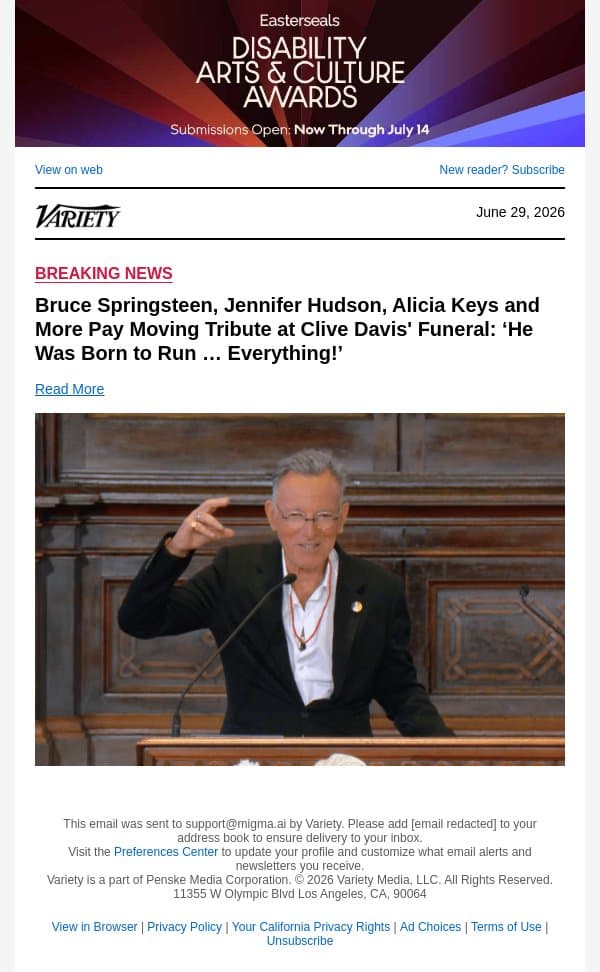 Bruce Springsteen, Jennifer Hudson, Alicia Keys and More Pay Moving Tribute at Clive Davis' Funeral: ‘He Was Born to Run … Everything!’ email from Variety screenshot