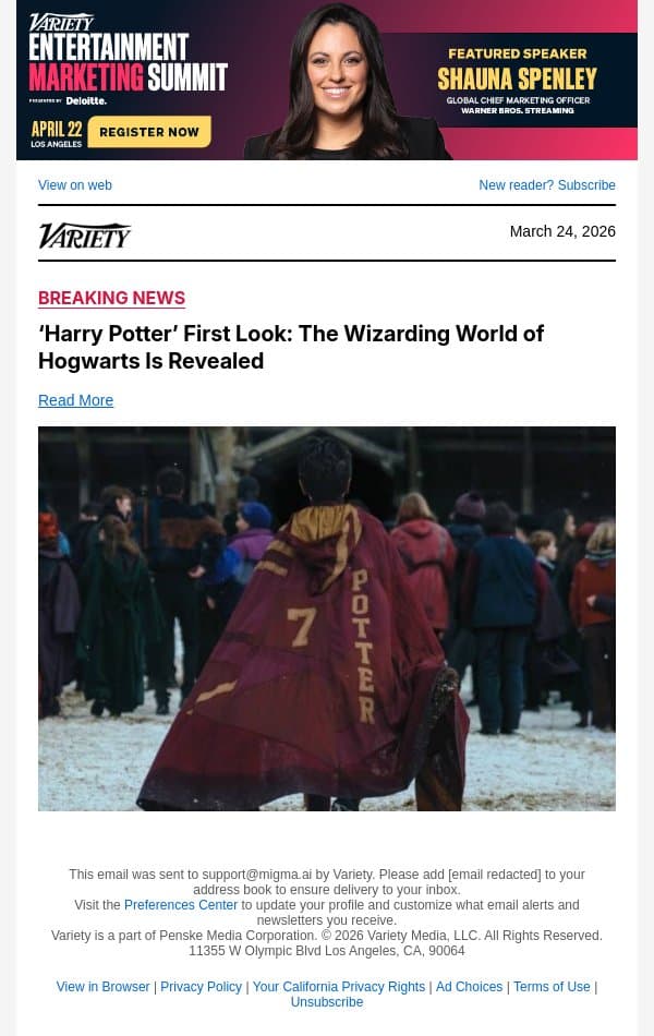 ‘Harry Potter’ First Look: The Wizarding World of Hogwarts Is Revealed email from Variety screenshot