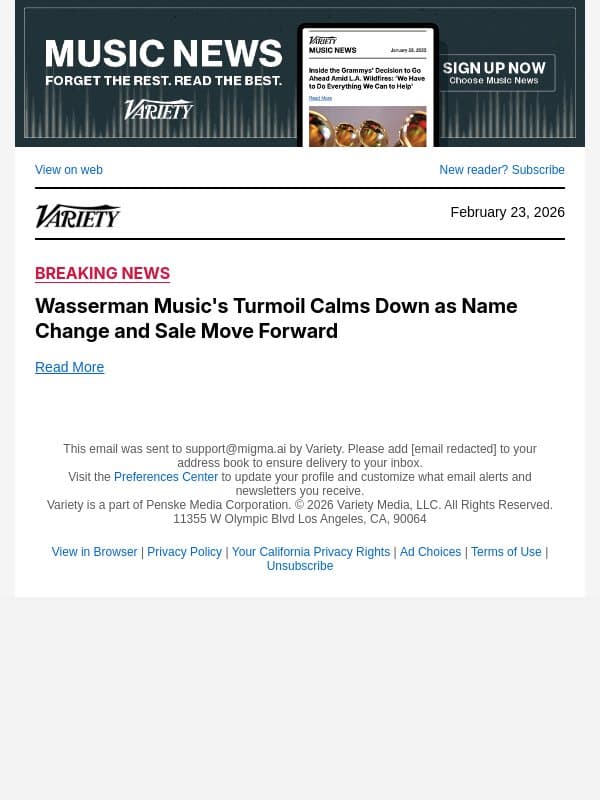 Wasserman Music's Turmoil Calms Down as Name Change and Sale Move Forward email from Variety screenshot
