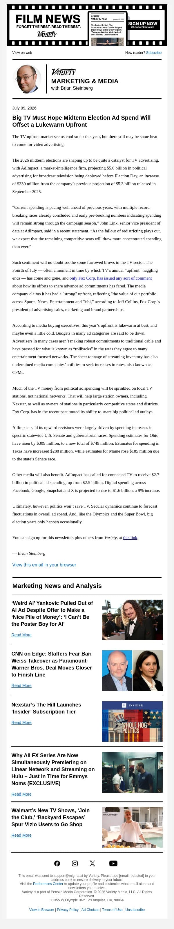 Marketing & Media Newsletter: Can Politics Help Offset a Lukewarm TV Upfront?; No AI Ad For Weird Al; Nexstar's New Subscription Tier; CNN on Edge; and More email from Variety screenshot
