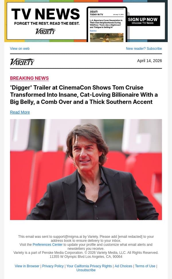 'Digger' Trailer at CinemaCon Shows Tom Cruise Transformed Into Insane, Cat-Loving Billionaire With a Big Belly, a Comb Over and a Thick Southern Accent email from Variety screenshot