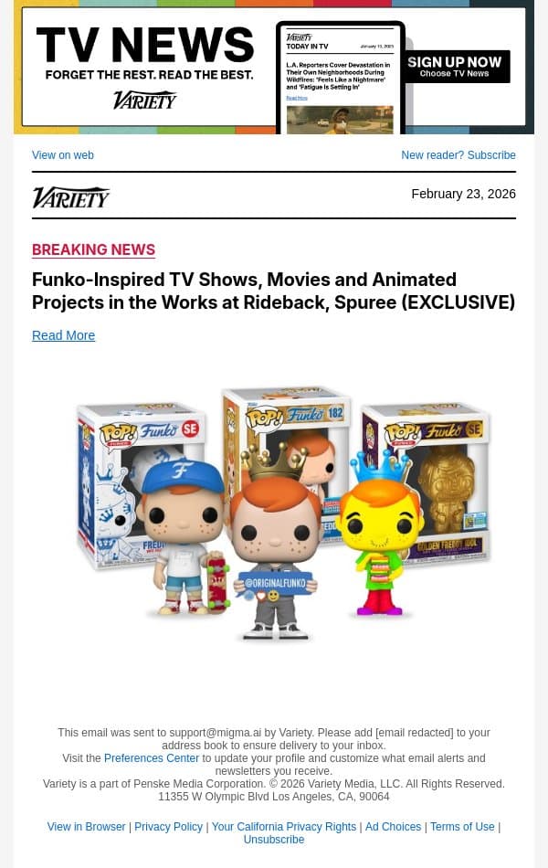 Funko-Inspired TV Shows, Movies and Animated Projects in the Works at Rideback, Spuree (EXCLUSIVE) email from Variety screenshot