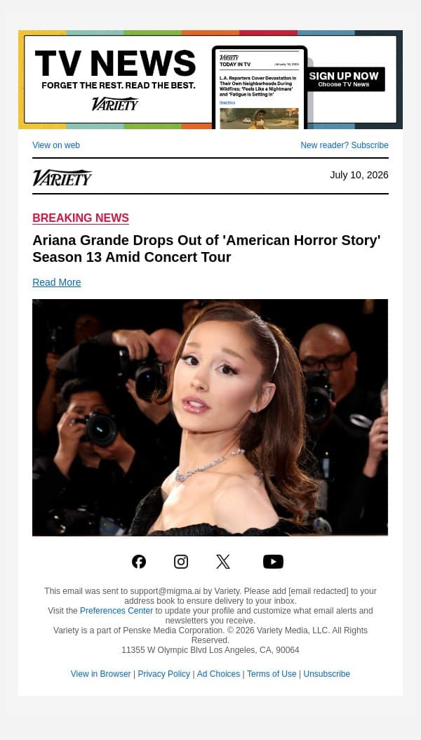 Ariana Grande Drops Out of 'American Horror Story' Season 13 Amid Concert Tour email from Variety screenshot