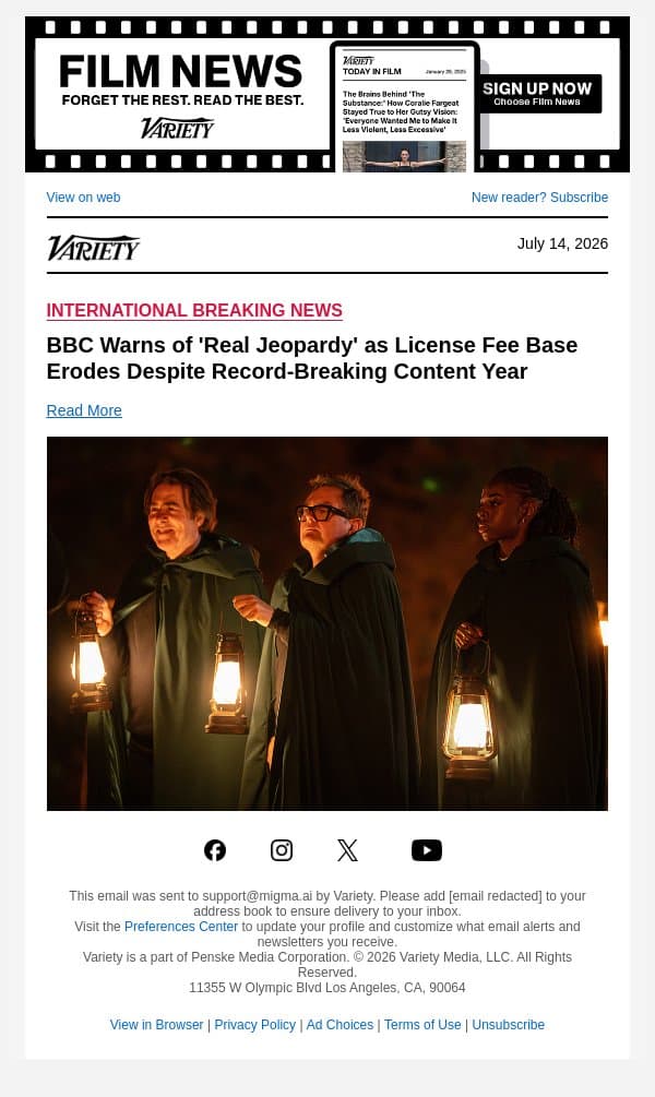 BBC Warns of 'Real Jeopardy' as License Fee Base Erodes Despite Record-Breaking Content Year email from Variety screenshot