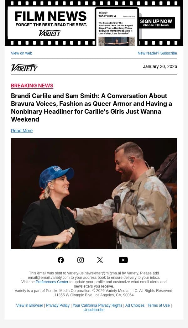Brandi Carlile and Sam Smith: A Conversation About Bravura Voices, Fashion as Queer Armor and Having a Nonbinary Headliner for Carlile's Girls Just Wanna Weekend email from Variety screenshot