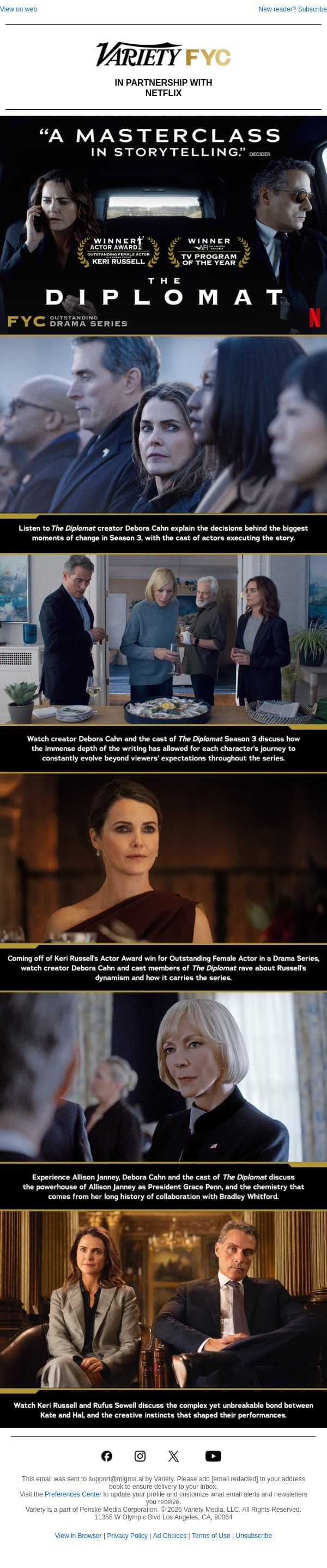 THE DIPLOMAT is “A Masterclass in Storytelling" | Inside the Dynamic Performances and Crackling Writing Behind the Drama Series email from Variety screenshot