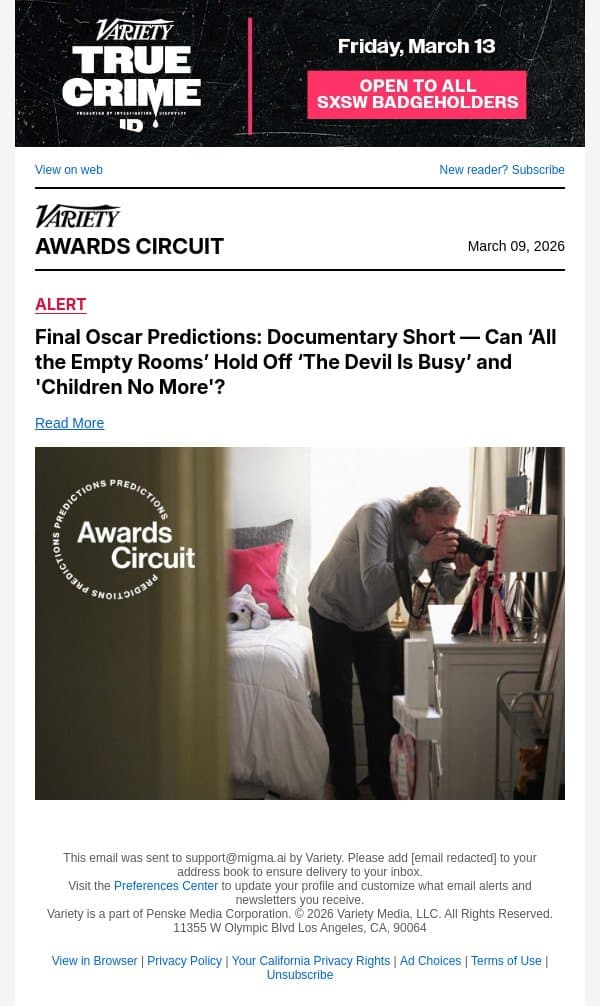 Final Oscar Predictions: Documentary Short — Can ‘All the Empty Rooms’ Hold Off ‘The Devil Is Busy’ and 'Children No More'? email from Variety screenshot