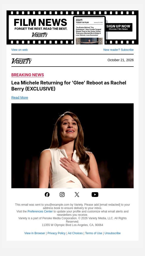 Lea Michele Returning for 'Glee' Reboot as Rachel Berry (EXCLUSIVE) email from Variety screenshot
