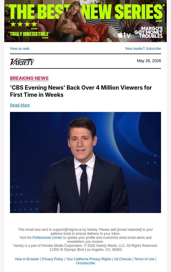 'CBS Evening News' Back Over 4 Million Viewers for First Time in Weeks email from Variety screenshot