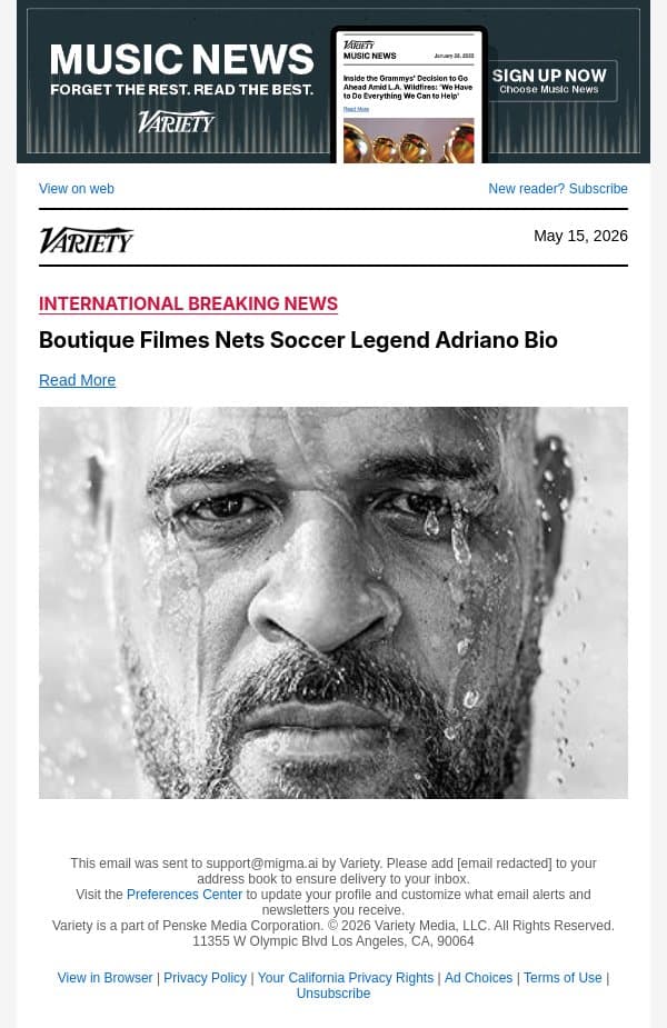Boutique Filmes Nets Soccer Legend Adriano Bio email from Variety screenshot
