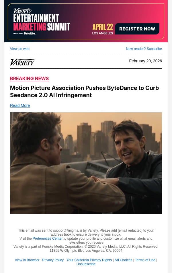Motion Picture Association Pushes ByteDance to Curb Seedance 2.0 AI Infringement email from Variety screenshot