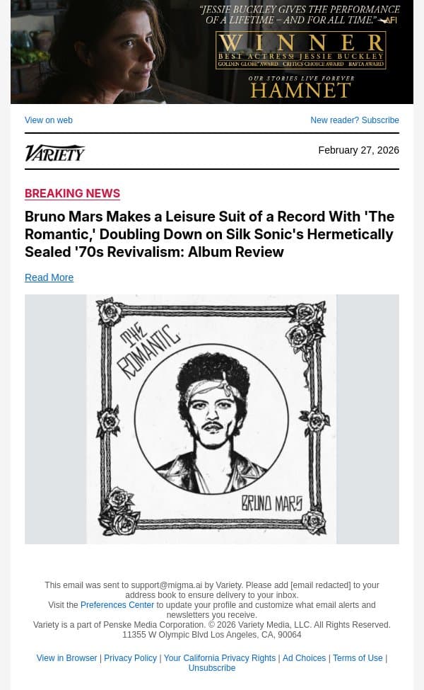 Bruno Mars Makes a Leisure Suit of a Record With 'The Romantic,' Doubling Down on Silk Sonic's Hermetically Sealed '70s Revivalism: Album Review email from Variety screenshot