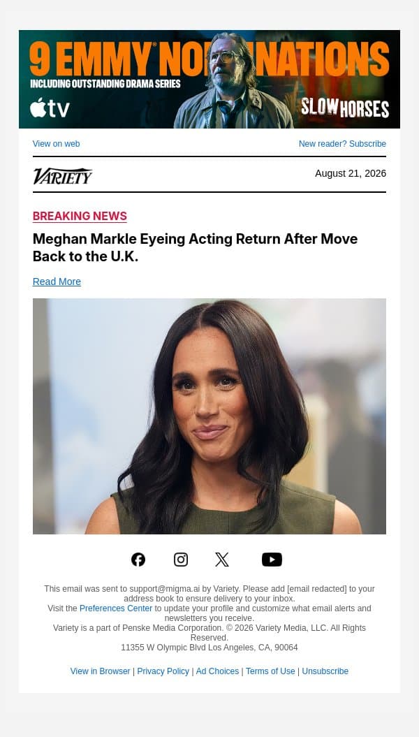 Meghan Markle Eyeing Acting Return After Move Back to the U.K. email from Variety screenshot
