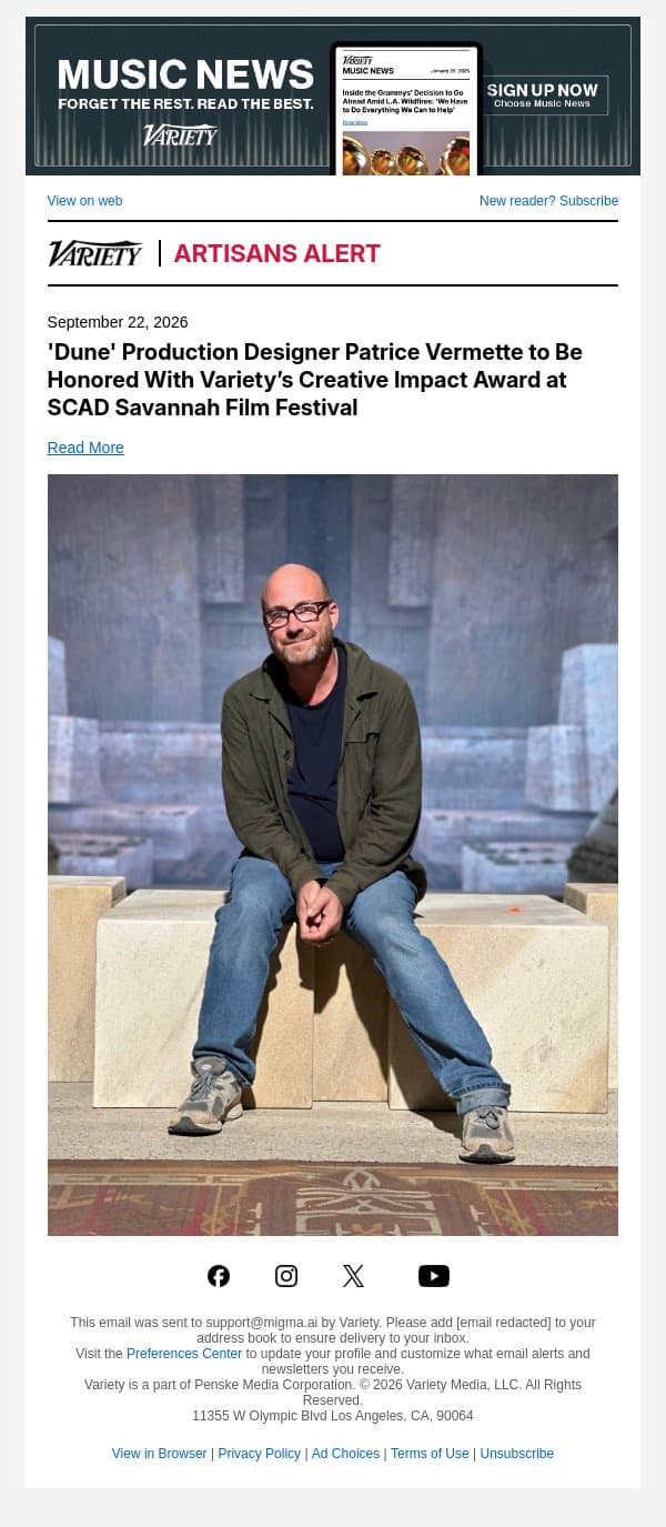 'Dune' Production Designer Patrice Vermette to Be Honored With Variety’s Creative Impact Award at SCAD Savannah Film Festival email from Variety screenshot