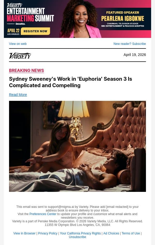 Sydney Sweeney's Work in 'Euphoria' Season 3 Is Complicated and Compelling email from Variety screenshot