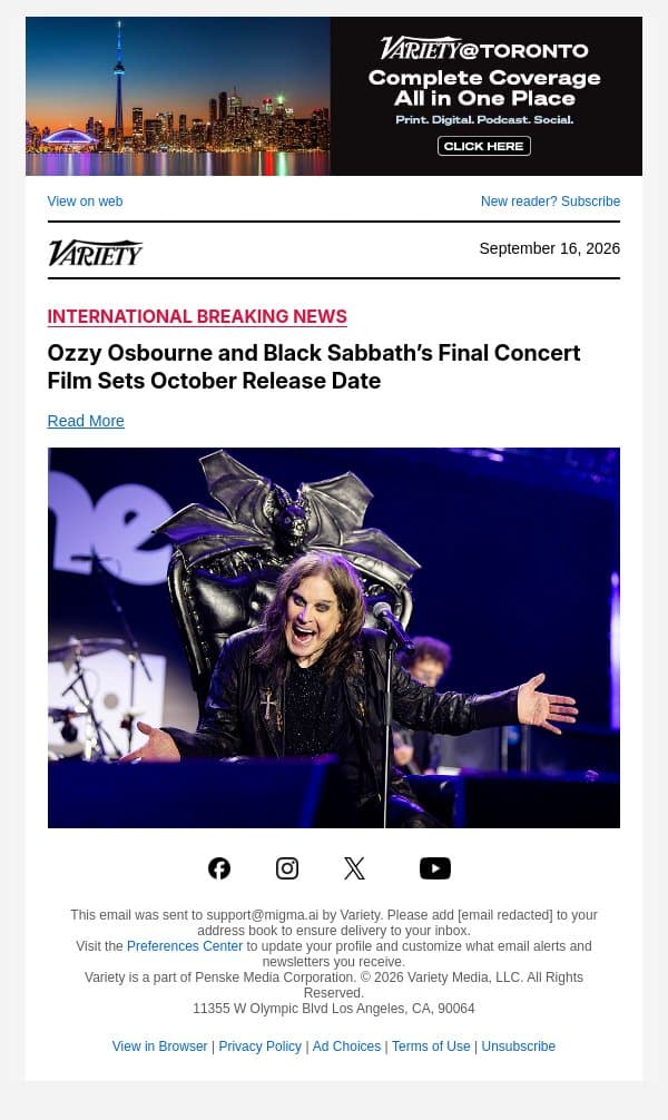 Ozzy Osbourne and Black Sabbath’s Final Concert Film Sets October Release Date email from Variety screenshot