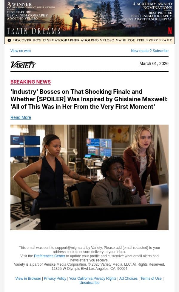 'Industry' Bosses on That Shocking Finale and Whether [SPOILER] Was Inspired by Ghislaine Maxwell: 'All of This Was in Her From the Very First Moment' email from Variety screenshot