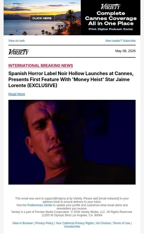 Spanish Horror Label Noir Hollow Launches at Cannes, Presents First Feature With 'Money Heist' Star Jaime Lorente (EXCLUSIVE) email from Variety screenshot