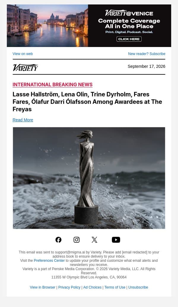 Lasse Hallström, Lena Olin, Trine Dyrholm, Fares Fares, Ólafur Darri Ólafsson Among Awardees at The Freyas email from Variety screenshot