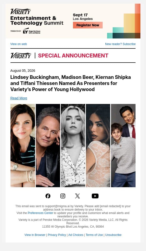 Lindsey Buckingham, Madison Beer, Kiernan Shipka and Tiffani Thiessen Named As Presenters for Variety’s Power of Young Hollywood email from Variety screenshot