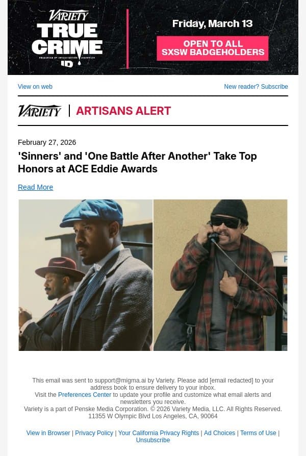 'Sinners' and 'One Battle After Another' Take Top Honors at ACE Eddie Awards email from Variety screenshot