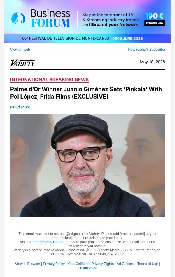 Palme d’Or Winner Juanjo Giménez Sets 'Pínkala' With Pol López, Frida Films (EXCLUSIVE) email from Variety screenshot