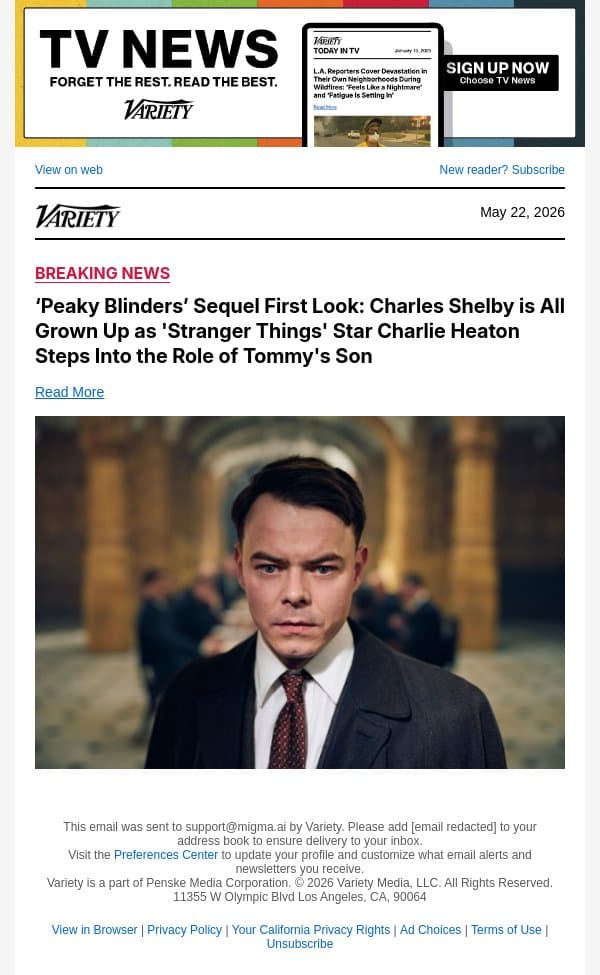 ‘Peaky Blinders’ Sequel First Look: Charles Shelby is All Grown Up as 'Stranger Things' Star Charlie Heaton Steps Into the Role of Tommy's Son email from Variety screenshot