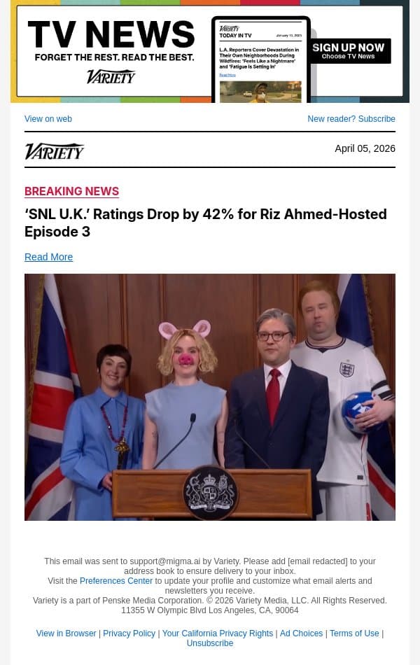 ‘SNL U.K.’ Ratings Drop by 42% for Riz Ahmed-Hosted Episode 3 email from Variety screenshot