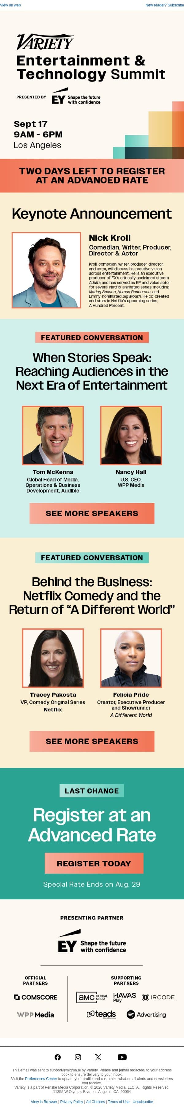 Two Days Left for Advanced Rate - Nick Kroll to Keynote Variety’s Entertainment & Technology Summit on Sept. 17 email from Variety screenshot