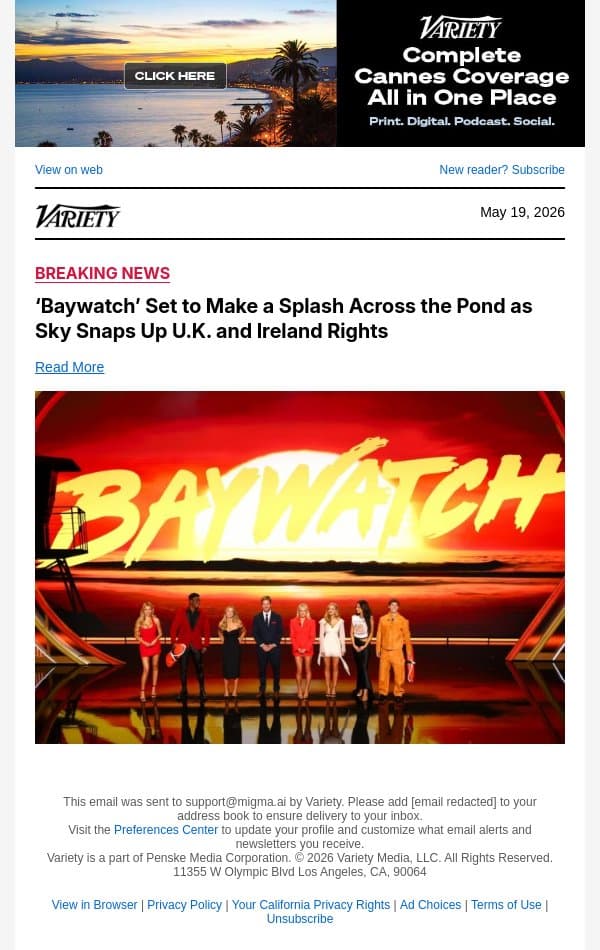 ‘Baywatch’ Set to Make a Splash Across the Pond as Sky Snaps Up U.K. and Ireland Rights email from Variety screenshot
