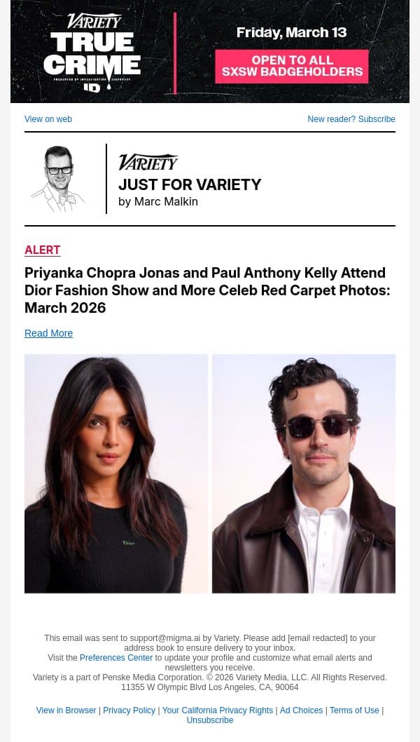 Priyanka Chopra Jonas and Paul Anthony Kelly Attend Dior Fashion Show and More Celeb Red Carpet Photos: March 2026 email from Variety screenshot