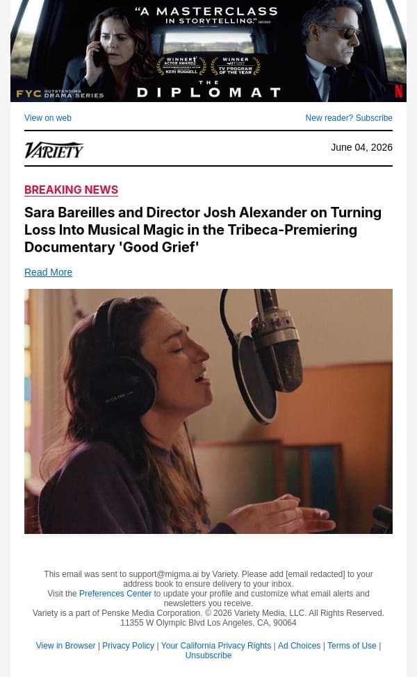 Sara Bareilles and Director Josh Alexander on Turning Loss Into Musical Magic in the Tribeca-Premiering Documentary 'Good Grief' email from Variety screenshot
