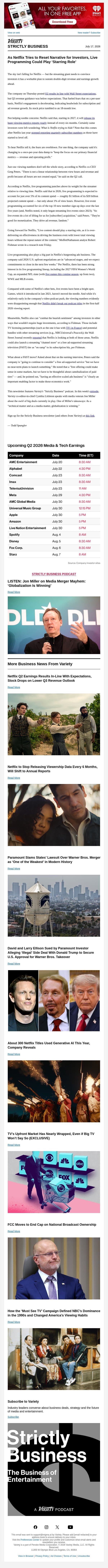 Strictly Business Newsletter & Podcast: Will Live Content Help Netflix Refire Growth Engines?; Jon Miller on Media Merger Madness; Paramount-WB Merger Under Legal Attack; TV Upfronts Wrap; and More email from Variety screenshot