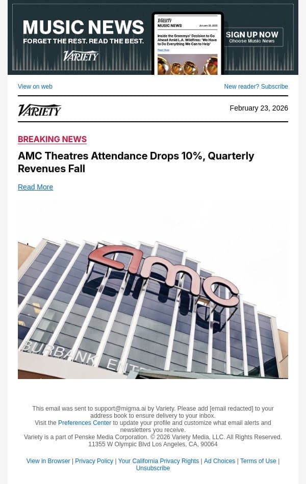 AMC Theatres Attendance Drops 10%, Quarterly Revenues Fall email from Variety screenshot