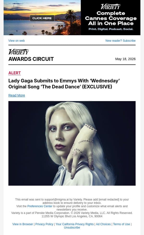 Lady Gaga Submits to Emmys With ‘Wednesday’ Original Song ‘The Dead Dance’ (EXCLUSIVE) email from Variety screenshot
