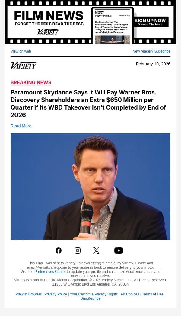Paramount Skydance Says It Will Pay Warner Bros. Discovery Shareholders an Extra $650 Million per Quarter if Its WBD Takeover Isn't Completed by End of 2026 email from Variety screenshot