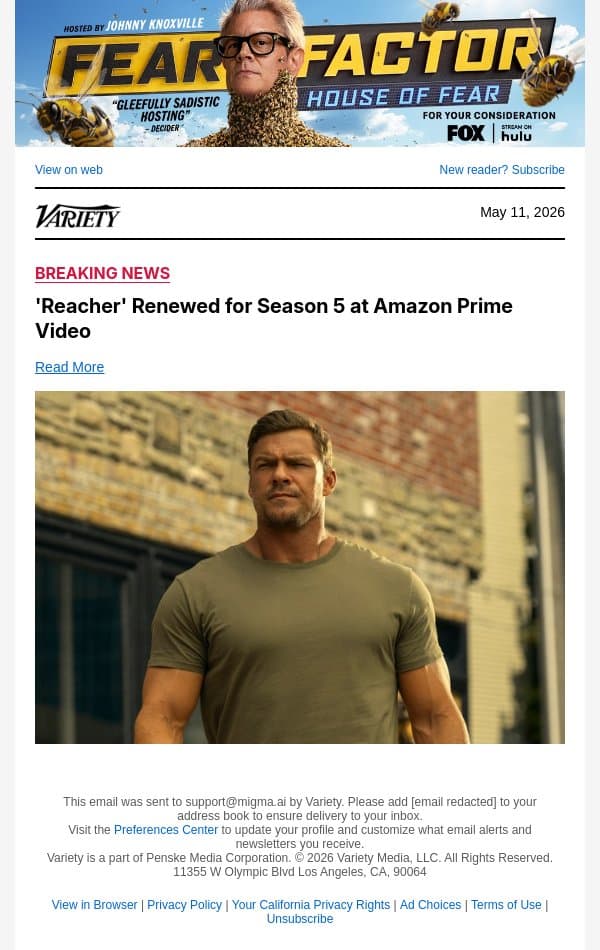 'Reacher' Renewed for Season 5 at Amazon Prime Video email from Variety screenshot