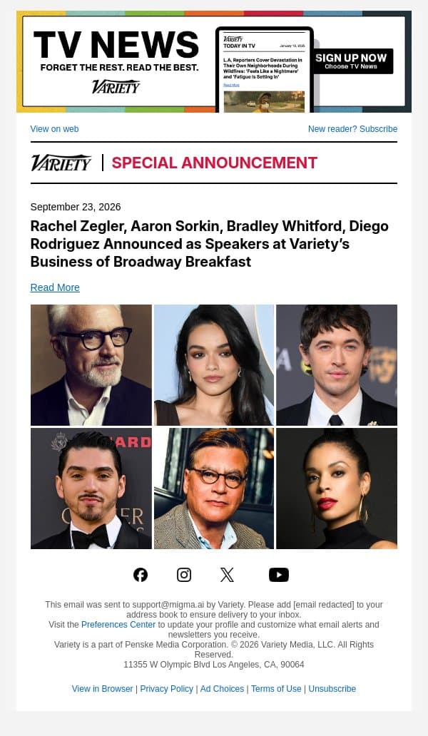 Rachel Zegler, Aaron Sorkin, Bradley Whitford, Diego Rodriguez Announced as Speakers at Variety’s Business of Broadway Breakfast email from Variety screenshot