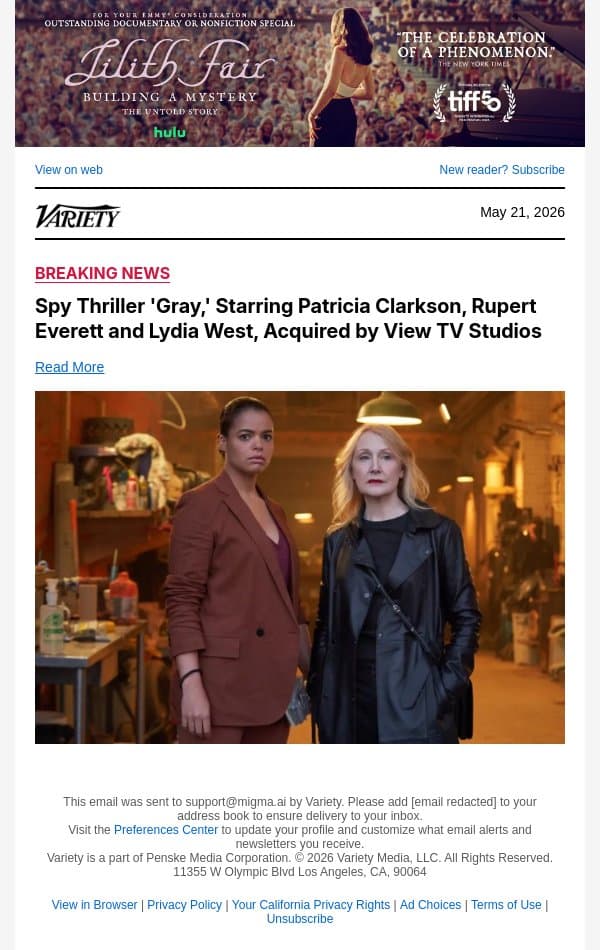 Spy Thriller 'Gray,' Starring Patricia Clarkson, Rupert Everett and Lydia West, Acquired by View TV Studios email from Variety screenshot