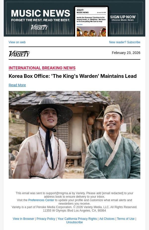 Korea Box Office: 'The King's Warden' Maintains Lead email from Variety screenshot