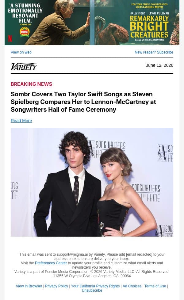 Sombr Covers Two Taylor Swift Songs as Steven Spielberg Compares Her to Lennon-McCartney at Songwriters Hall of Fame Ceremony email from Variety screenshot