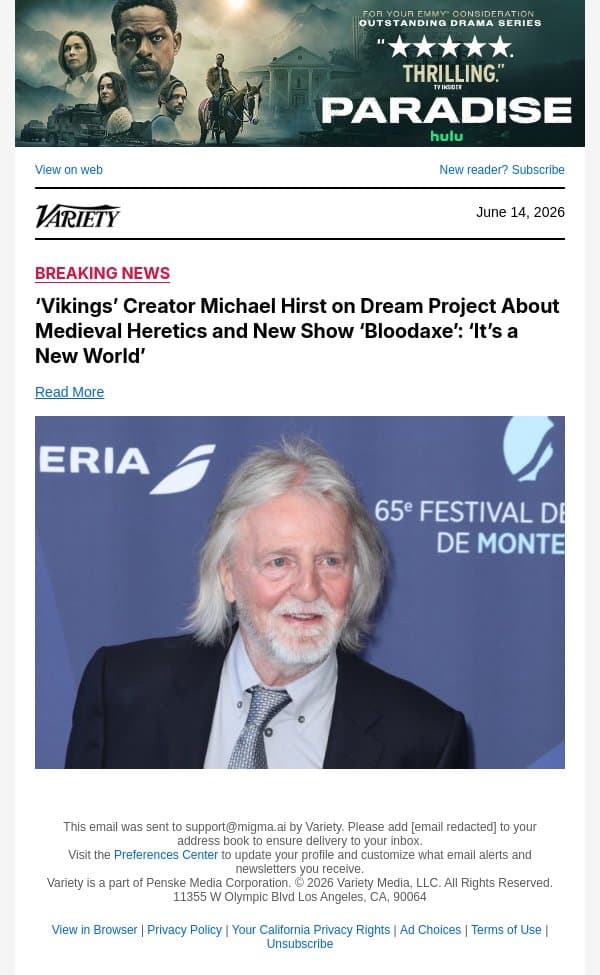 ‘Vikings’ Creator Michael Hirst on Dream Project About Medieval Heretics and New Show ‘Bloodaxe’: ‘It’s a New World’ email from Variety screenshot